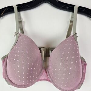 DKNY T-Shirt Bra 453801 Pink‎ Gray Women Size 34D Underwire Demi Polka Dot